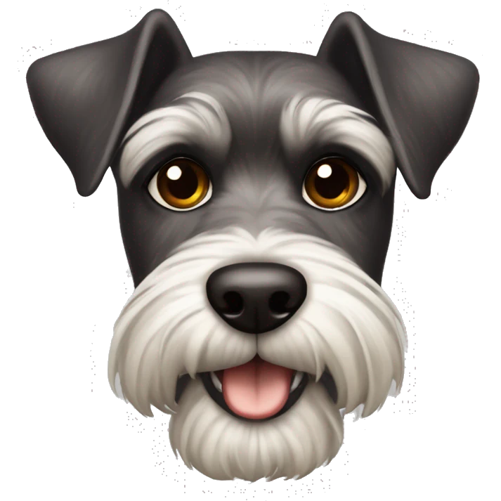 Schnauzer dog with dark brown eyes, super pointed  and a plaque in bone form that says HUMA emoji