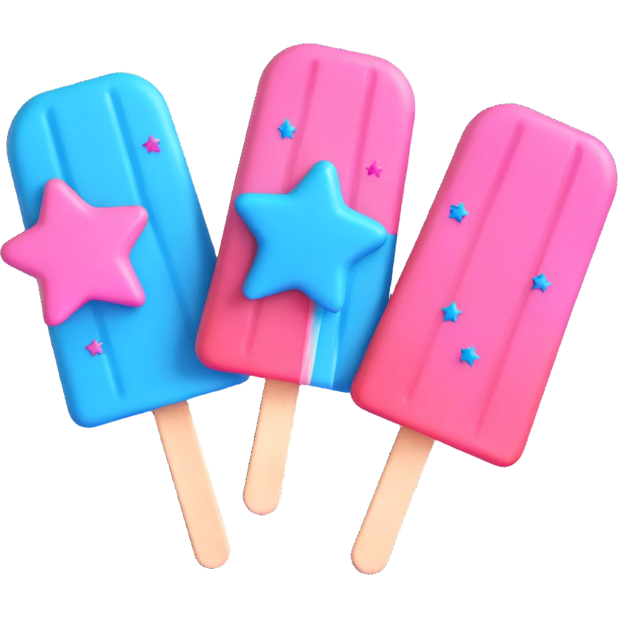 3D iOS style popsicle with blue and pink colors, star decorations, and a melting effect emoji