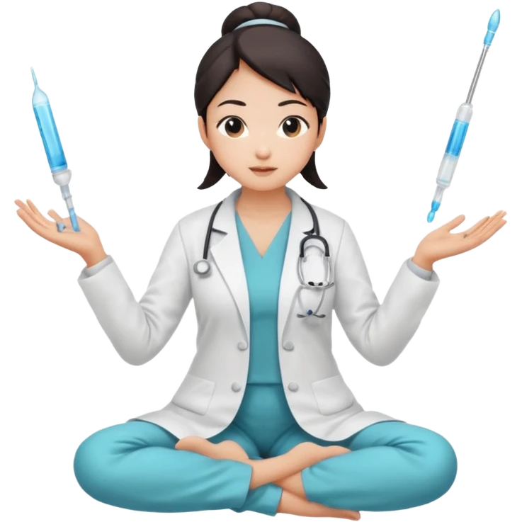 emoji of an asian woman with a single bun in a white lab coat sitting cross legged with micropipettes levitating above each hand. the tips should be pointing away from her and she should not be wearing a stethoscope emoji