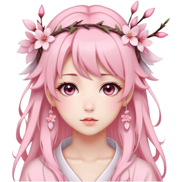 A Gorgeous Beautiful Anime Lady with a Sakura Cherry Blossom Headdress and Pretty Hair, pastelcore aesthetic  emoji