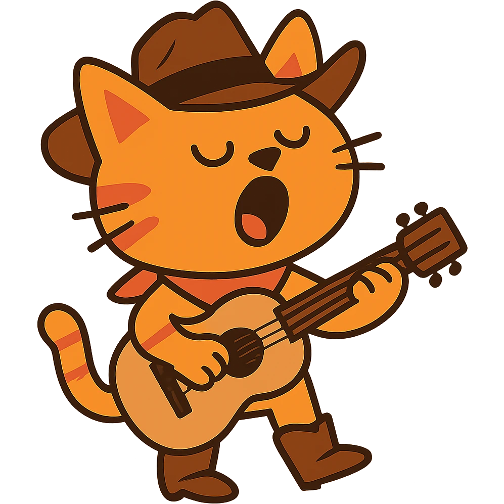 flat toon Yodeling orange cowboy cat strumming an acoustic guitar  emoji