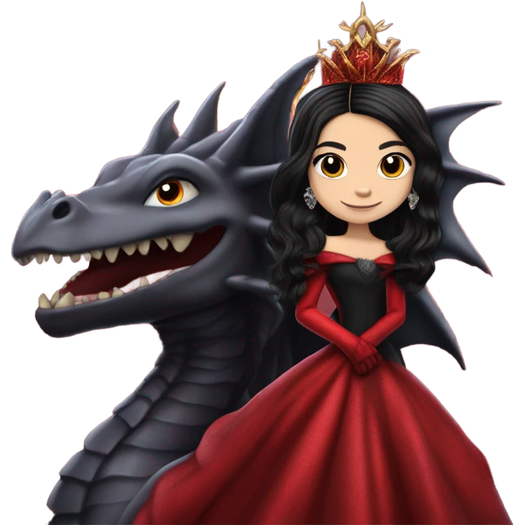Lavish Victorian evening gown with gloves, Jenna Ortega as Morticia Addams Jedi wearing a mini tiara, riding on the back of a very large blood red evil-looking horned firedragon emoji