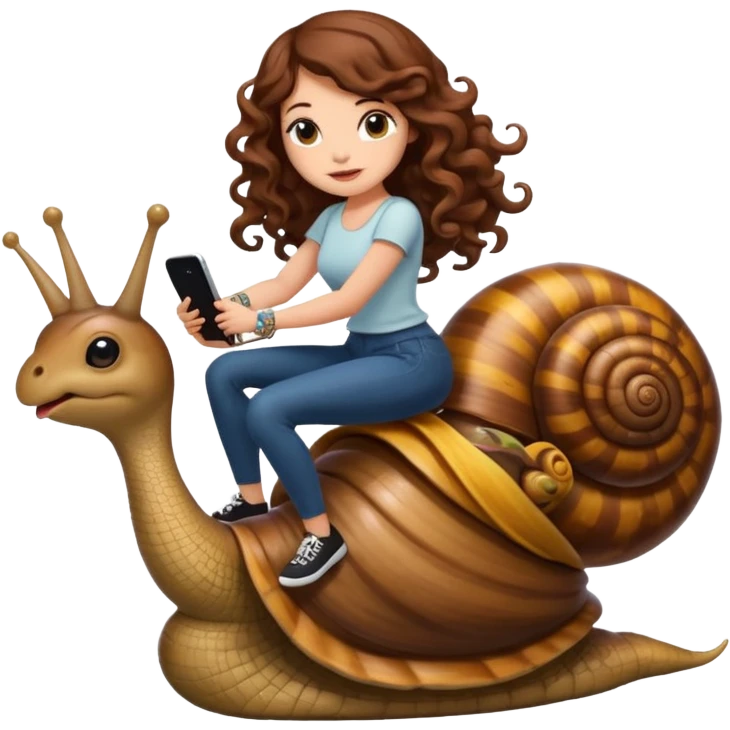 cute woman long curly brown hair tattoos riding giant snail emoji