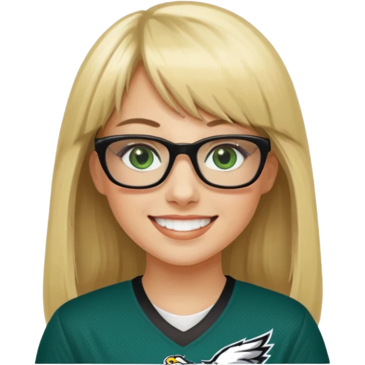 long blonde hair with bangs black glasses female green eyes football player wearing eagles jersey number 33 emoji