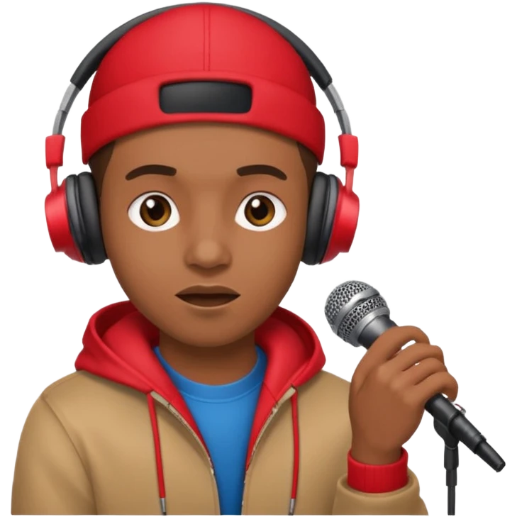 emoji de persona haciendo beatbox con un micrófono y unos audífonos rojos puestos emoji