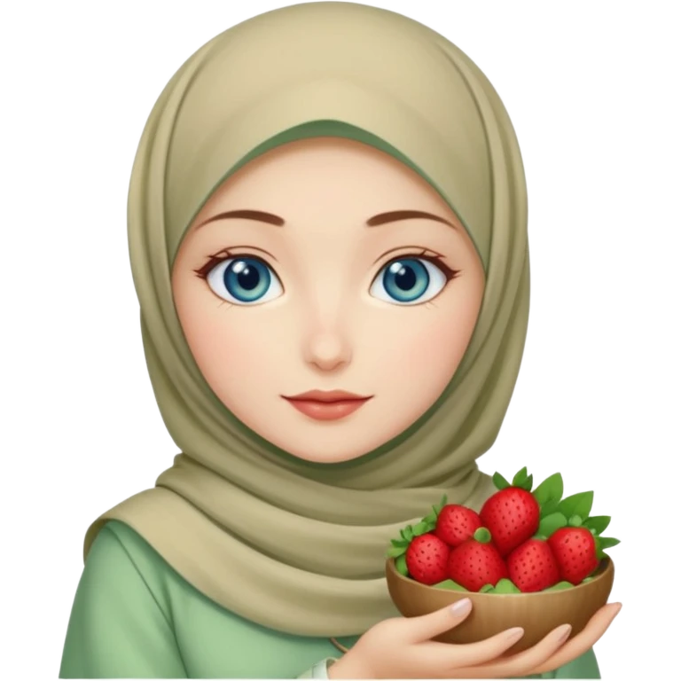 Turkish beautiful finish Konya girl blue eyes with beige and light green hijab islamic dress and had on her hand strawberry Matcha  emoji