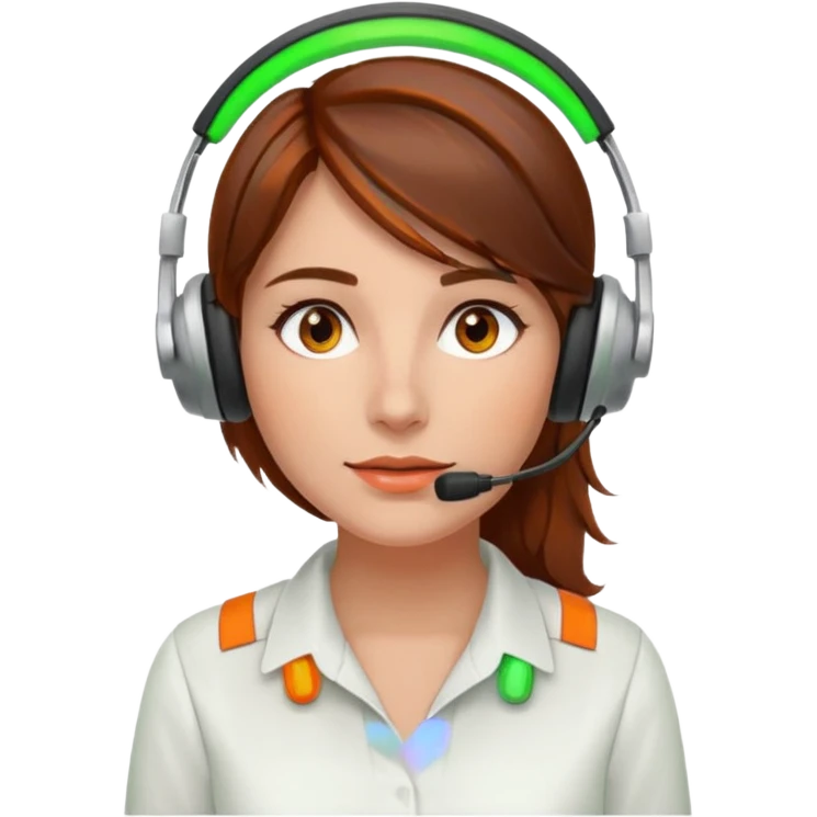 a woman, brown hair, middle european, sitting in the office in front of a computer, wearing a blouse and a headset. she is controling the limits on screen. green = ok, orange = am Limit, rot = überschritten emoji