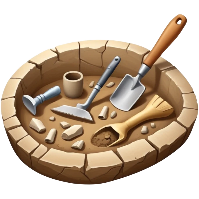 An icon featuring an excavation site with a trowel and ancient artifacts, like pottery and bones, scattered around. The design includes a partially uncovered fossil and a digging brush, symbolizing the discovery of history through archaeology. Transparent background  emoji