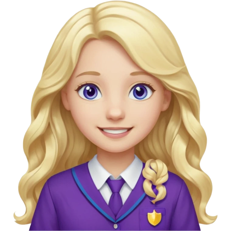 A pale girl with blue eyes and long and blonde , wavy hair , smiling wearing a purple school uniform  emoji
