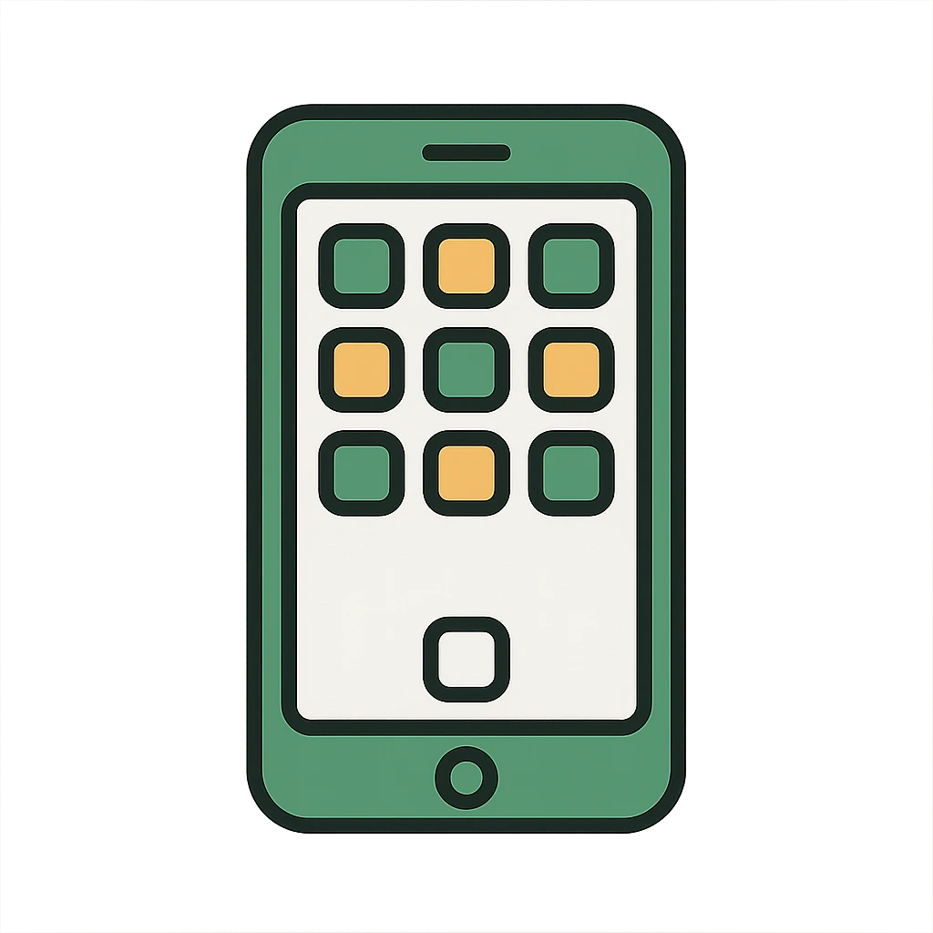 iPhone facing forward with visible app icons, modern look, green gold and white color scheme, rounded shapes, simple design emoji