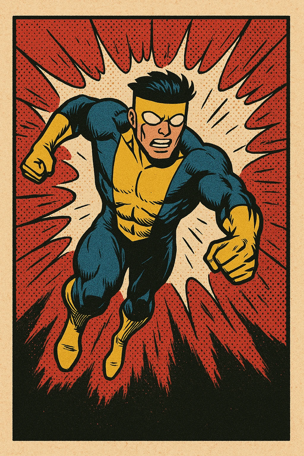 invincible superhero character wearing a blue and yellow suit, action scene, comic book style emoji