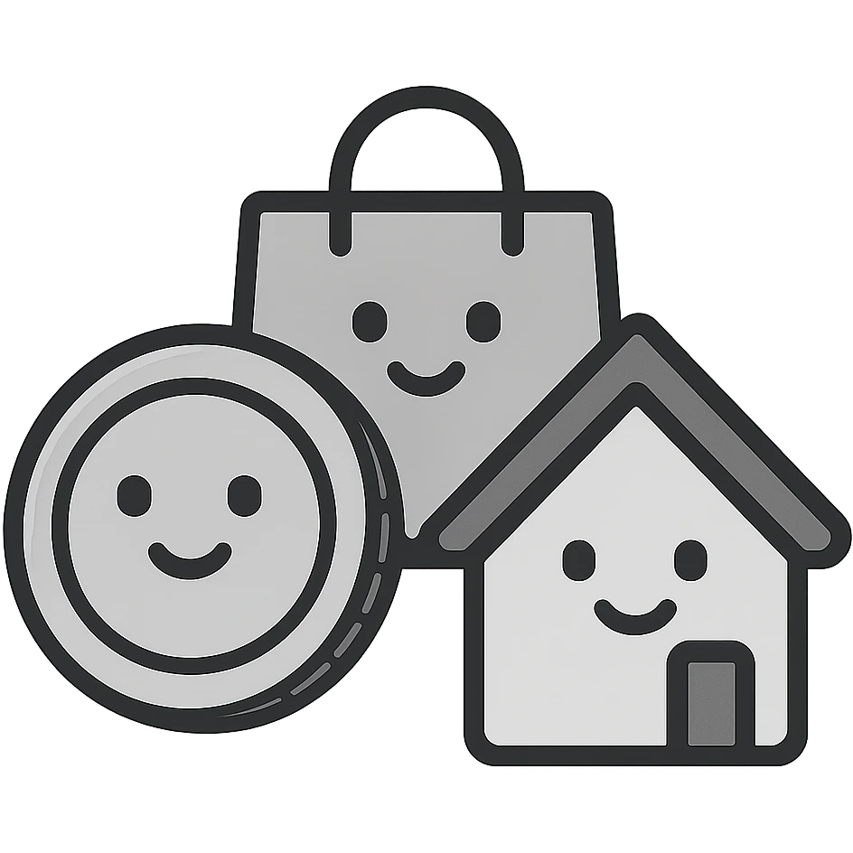 combined icon with coin, shopping bag, and home, all interlocking, symbolizing future savings, wants, and needs, flat minimalist style emoji