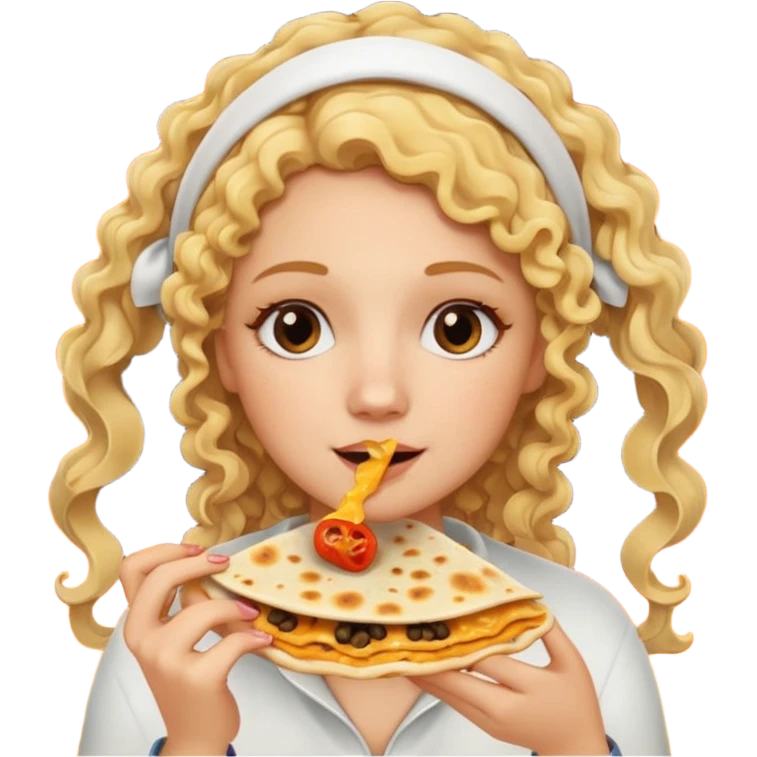 mujer con pelo rubio rizado comiendo quesadillas quemadas. emoji