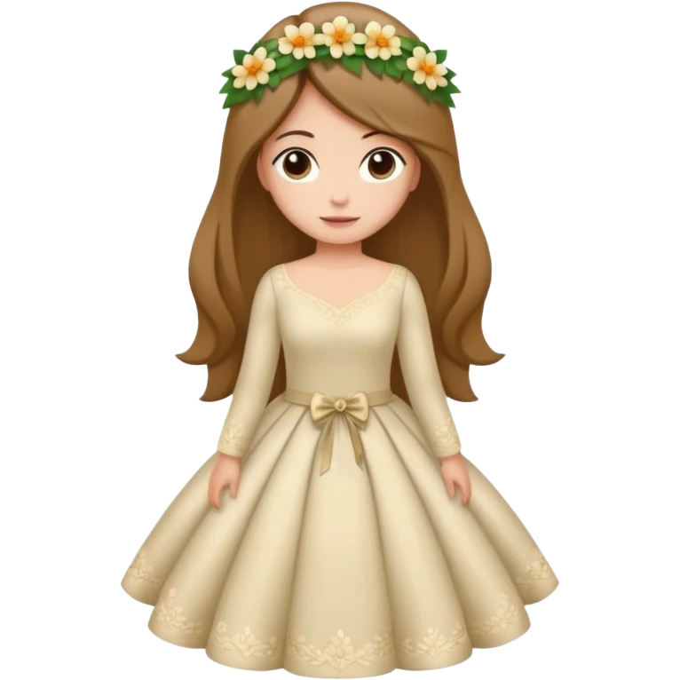 Chica blanca, cabello castaño, recogido en moño alto, vestido novia de manga larga, cuerpo entero, ramo de flores en una mano emoji