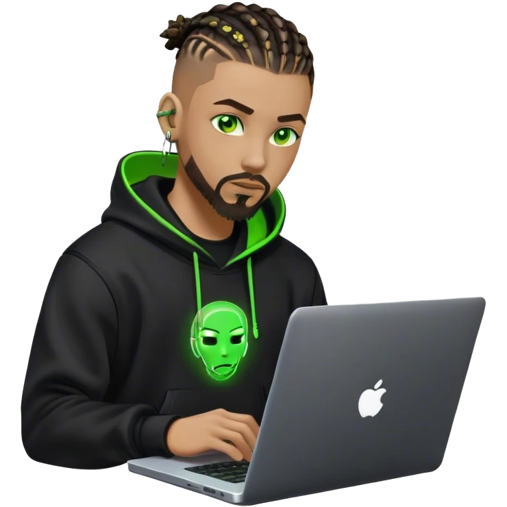 Light skinned African American male with green eyes as a cyberpunk hacker with cornrows hairstyle but short cornrows  with only goatee facial hair  coding on laptop  emoji