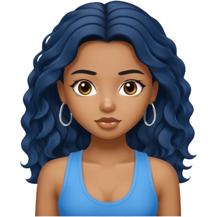 a pretty bratz brown girl with long wavy black color hair and a blue tank top on emoji
