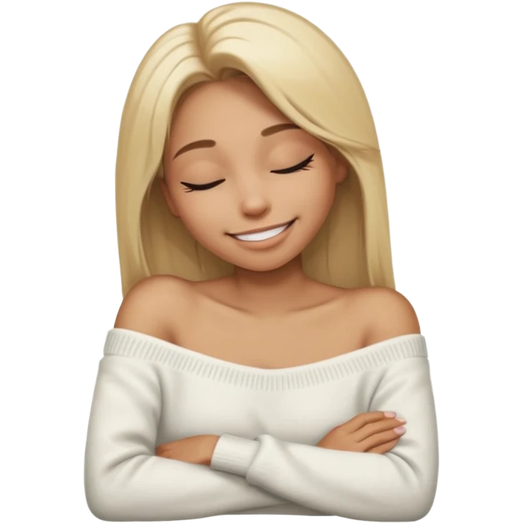 Mujer color de piel moreno claro, con cabello rubio largo, lacio y suelto, ojos negros, usando un suéter off shoulders blanco, sonriendo sin enseñar los dientes durmiendo  emoji