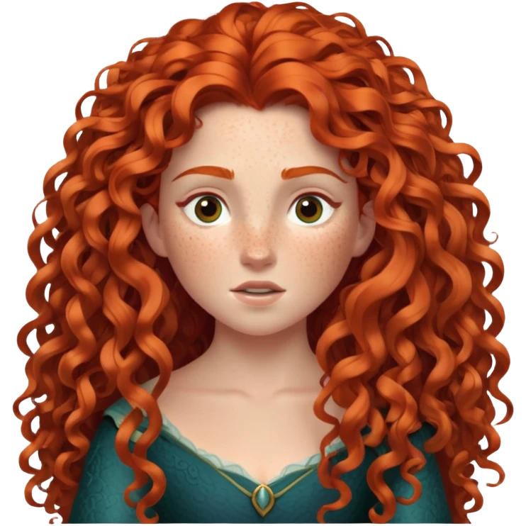 Merida from Brave with extremely long wild curly red hair and lots of freckles covering her face emoji