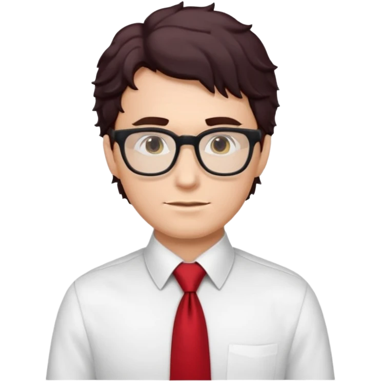 white man in white shirt, having red tie, black wavy hair, wearing glasses emoji