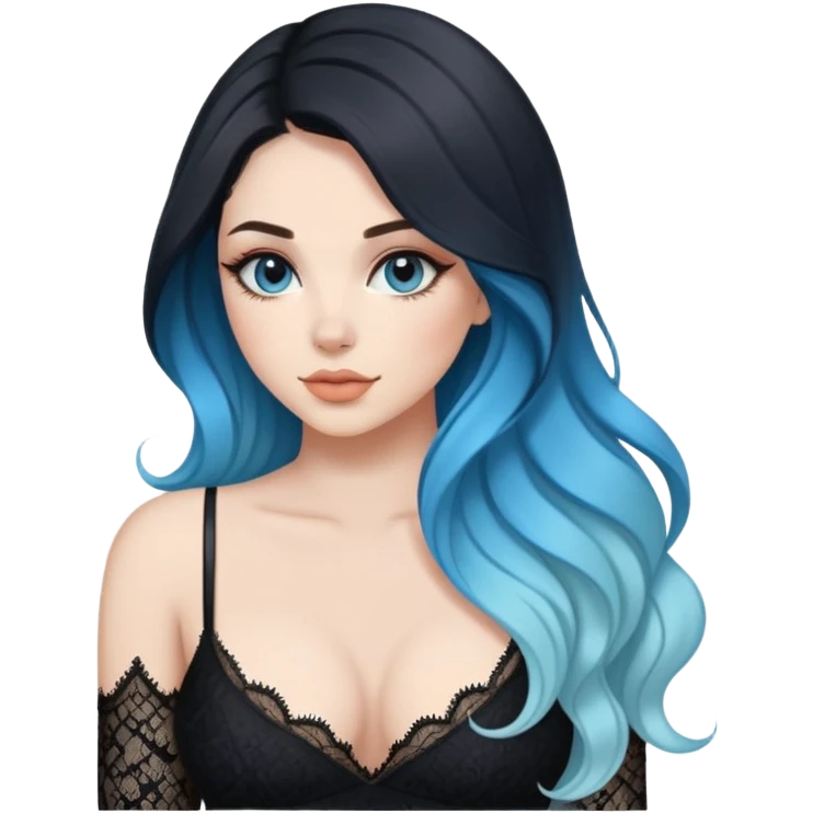 Beautiful Buxom-pawg-twerking-deep blue eyes-very long brunette to sky blue ombre hair-big juicy booty, wearing black lace, sfw emoji