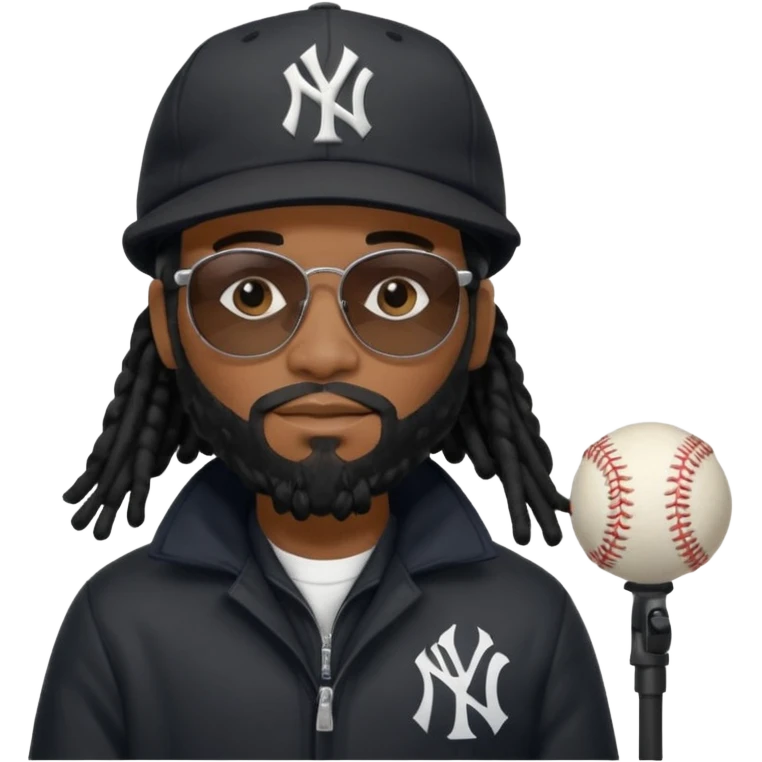 African American Man with shoulder length black dreadlocks with black beard wearing black sunglasses wearing a black bubble winter coat and a New York Yankees logo baseball cap in recording studio emoji