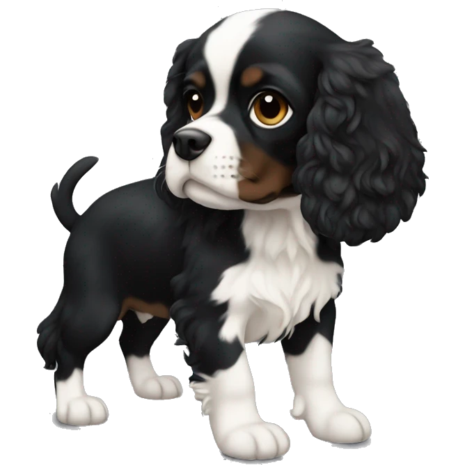 Small completely black king spaniel with black fur on face and white stripe on chest emoji