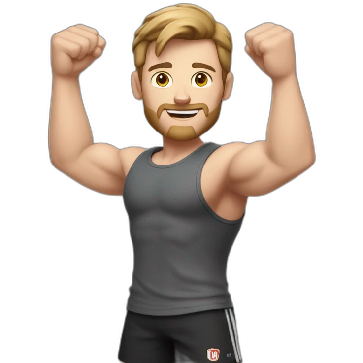 Close up Actively gesturing  with hands Pale skinned Fit Man With the biceps and brown hair in dark gray Sleeveless Mike, black oversize sports shorts, watch and white Sneakers emoji