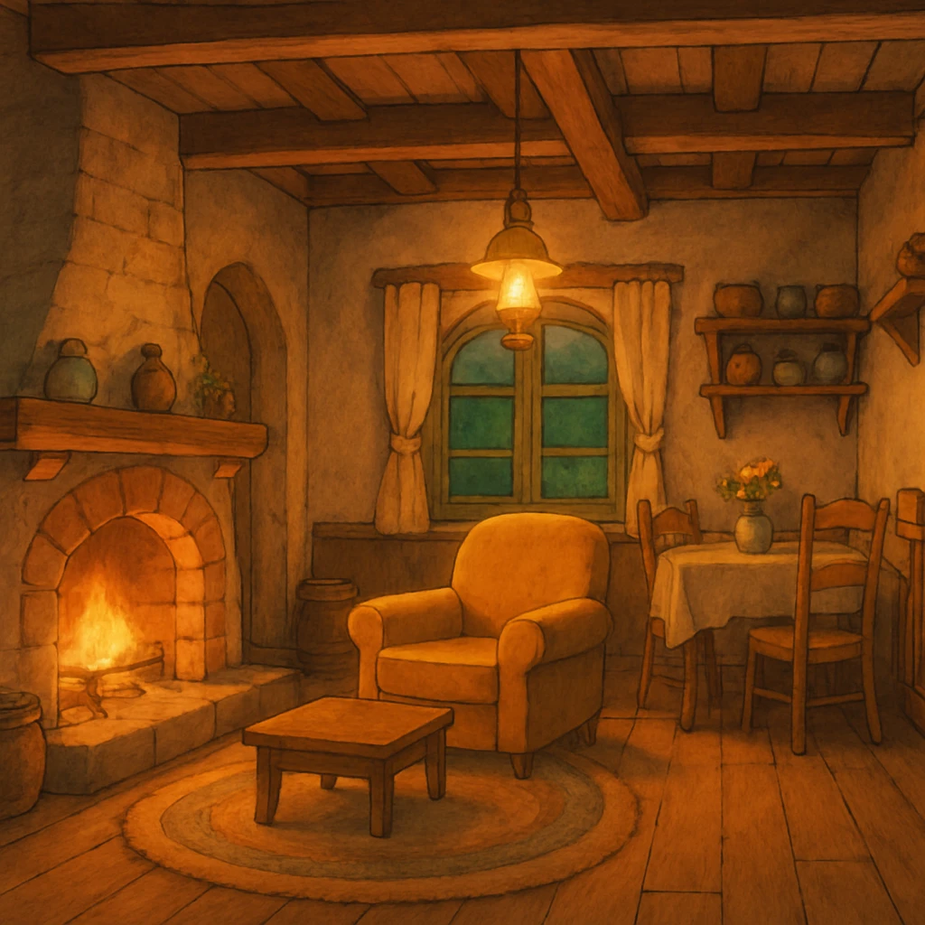 cozy cottage, warm lighting, ghibli style, inviting and charming emoji