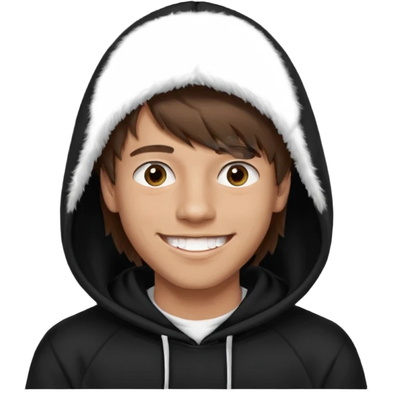 20 yr old man, brown hair, straight, big smile, white teeth, tanned skin, bangs, black hooded sweatshirt, long hair in back, middle parted bangs emoji