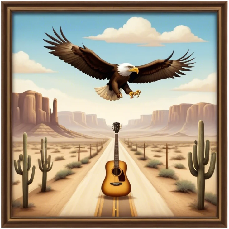 Icon for Country Music: Eagles band representation with classic acoustic guitars, a desert road, and an eagle soaring in the sky. Subtle vintage Americana aesthetics with warm tones, evoking the band's signature sound. Transparent background. emoji