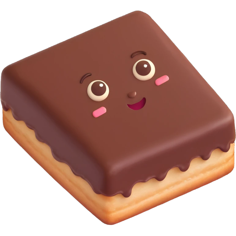 Rectangular chocolate mini pastry, palav mischievous eyes, tilted slightly, small grin, text above: "ПАСТИЧКА", chibi style, Twitch emoji style, transparent background, colorful

 emoji