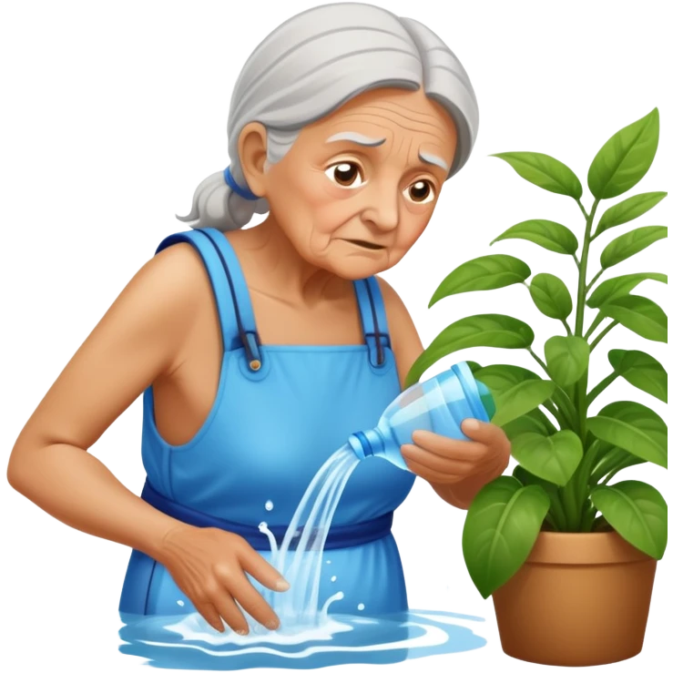 Old woman, wearing water pack, struggling to water house plants emoji