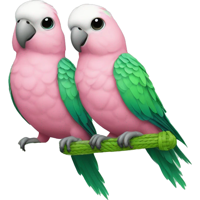 2 Pink parakeets with green wicker ball emoji