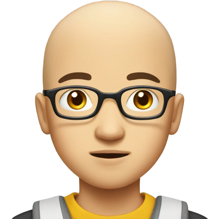  a bald Asian young boy student, in glasses, hungry emoji