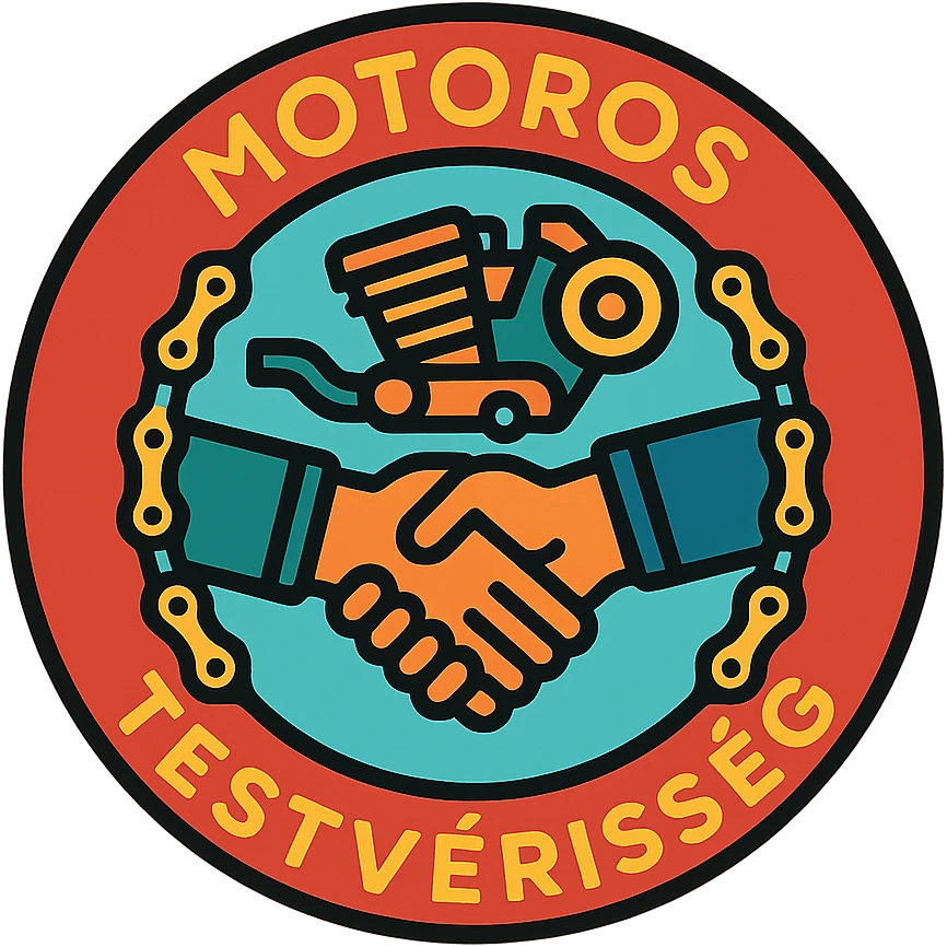 circular motorcycle cap design with the Hungarian phrase 'Motoros Testvériség', featuring motorcycle motifs like handshake, chain, motor, community style emoji