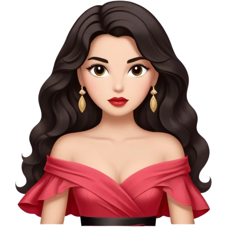 A woman with almond-toned skin, dark voluminous hair in waves, expressive eyes with soft lashes and shimmer, full lips with a glossy nude-pink color, wearing a red dress and a white sash with “Miss San Juan” in black letters, exuding elegance and confidence. emoji