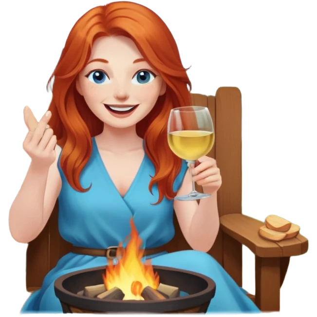 Laughing redhead with long hair and blue eyes holding white wine sitting in chair beside fire pit emoji