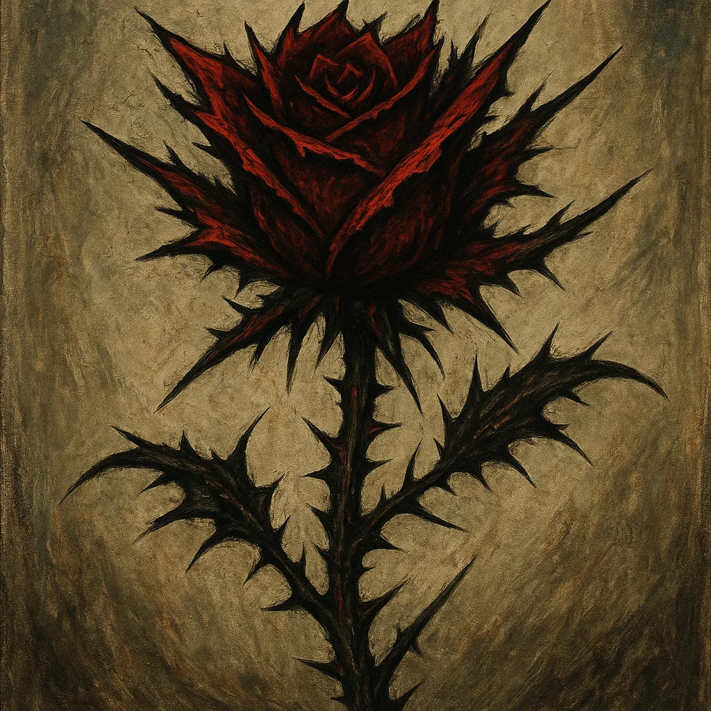 an intense, fierce rose with jagged petals and thorny stem, wild and untamed emoji