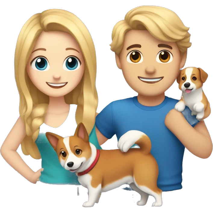 A girl with long blond hair and brown eyes, a guy with blond, slightly curly hair and blue eyes, hugging and a dog corgi between them emoji