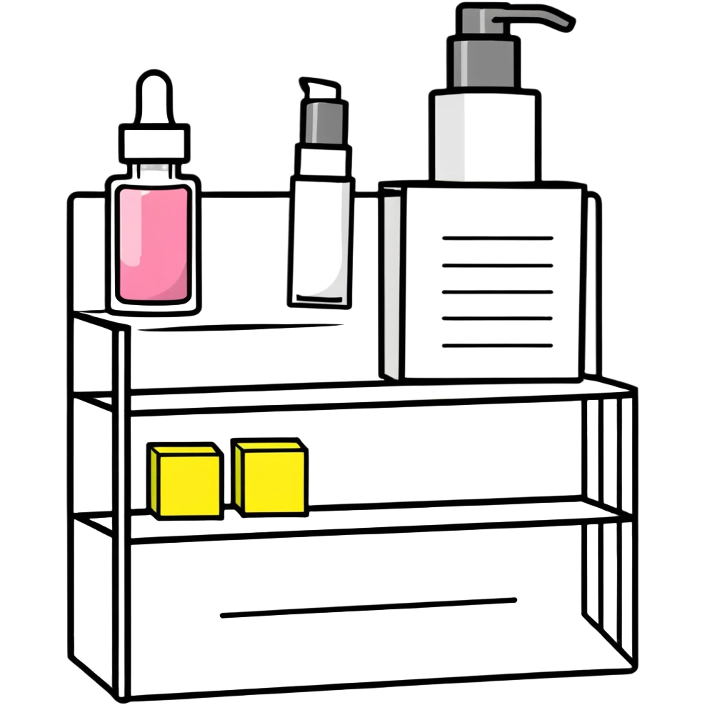 big long white shelf with one serum bottle labeled beauty brand and big sticky note next to it emoji