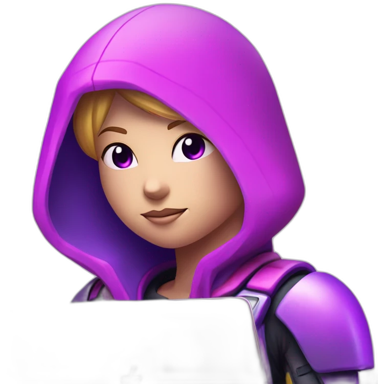 Girl developer behind his laptop with this style : Nintendo Samus Video game neon glowing bright purple character pink lack hooded hacker themed character emoji
