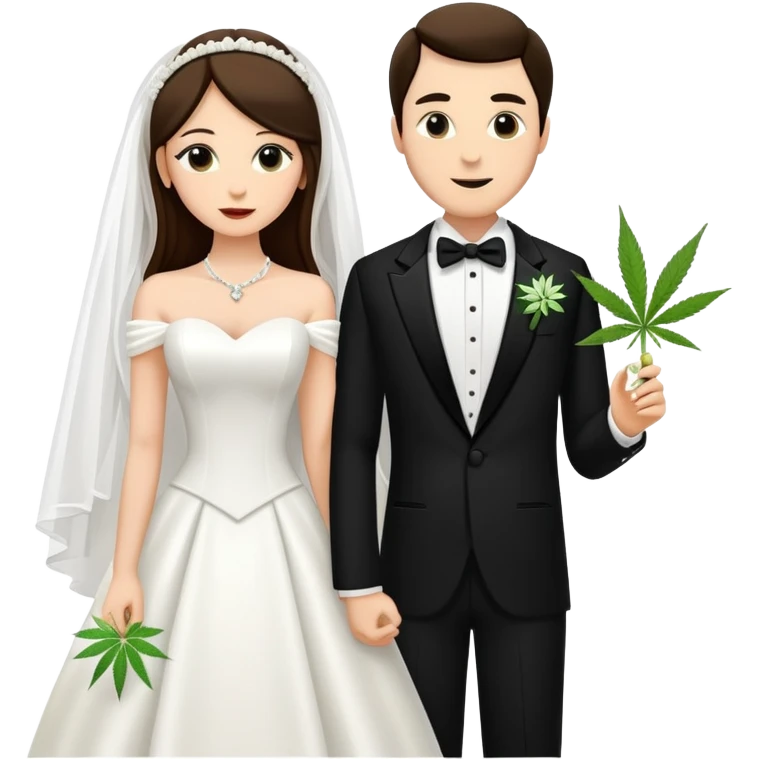 A bride in white wedding dress and groom in tuxedo, full body, sharing a cannabis joint, wedding couple emoji