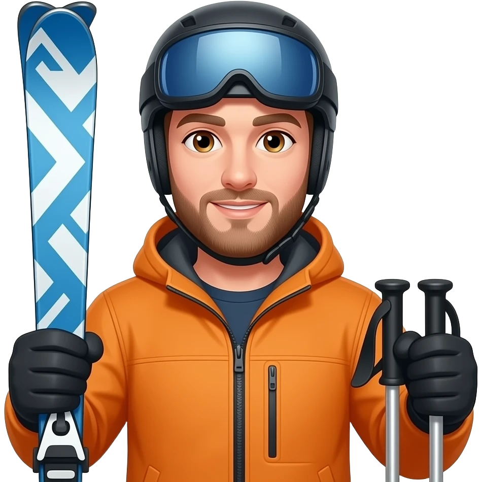 man, clean shave, holding blue and white patterned skis in one hand and poles in the other, no beard, no helment, hazel eyes, organge jacket, emoji
