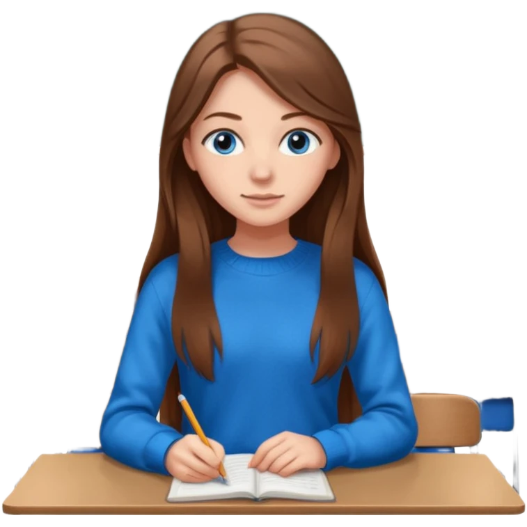 high school class room with a pretty female high school student with long brown hair, blue eyes emoji