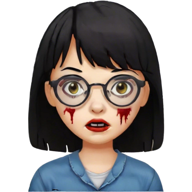 garota zumbi cabelos pretos, franja, olhos castanhos escuro, óculos redondo  emoji