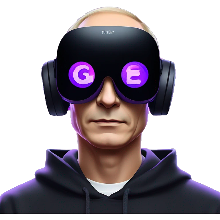 Vladimir Putin wearing a black hoodie with "OMG" letters on it and VR headset oculus quest 2 in a cyberpunk VR environment with violet neon lighting. emoji