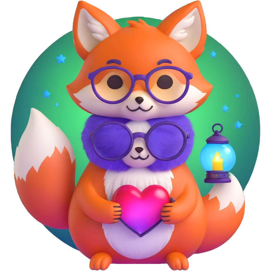 small magical fox with shimmering purple and blue fur, glowing fluffy tail, silver star on forehead, round glasses, tiny lantern, hugging a big red heart emoji