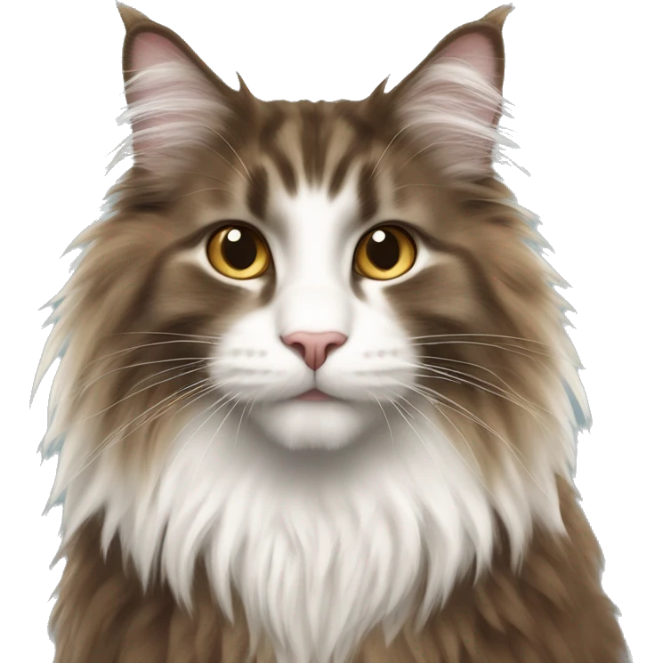 Norwegian forest cat with brown dark long fur and white neck fur and white nose  emoji