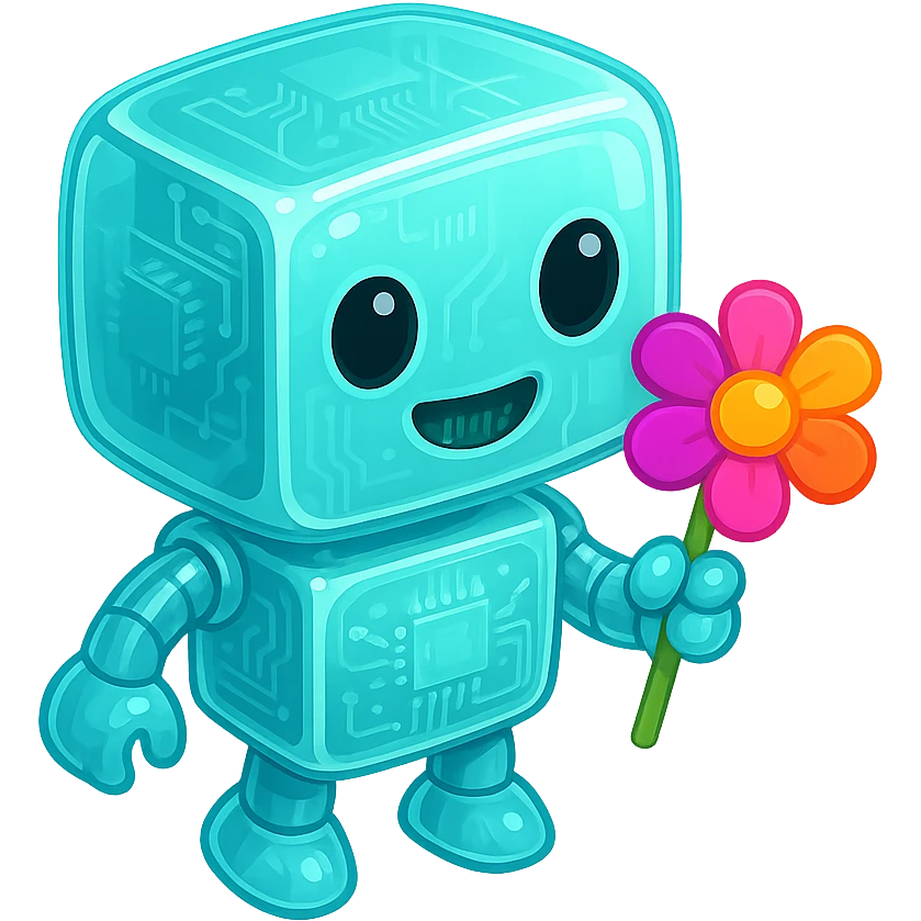Redesign this robot in glossy circuit style with the main color #6fe8f3 turquoise, keep the cute expression and the flower in its hand, no background. emoji