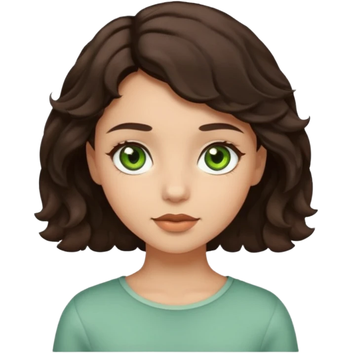 A girl with light skin, short dark brown wavy hair and brown with a little green eyes emoji